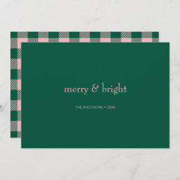 Modern Merry & Bright Christmas Green & Pink  Holiday Card