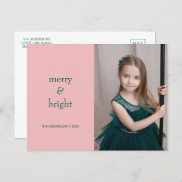 Modern Merry & Bright Christmas Green & Pink  Holiday Postcard