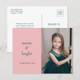 Modern Merry & Bright Christmas Green & Pink Holiday Postcard