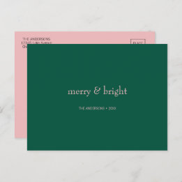 Modern Merry & Bright Christmas Green & Pink  Holiday Postcard