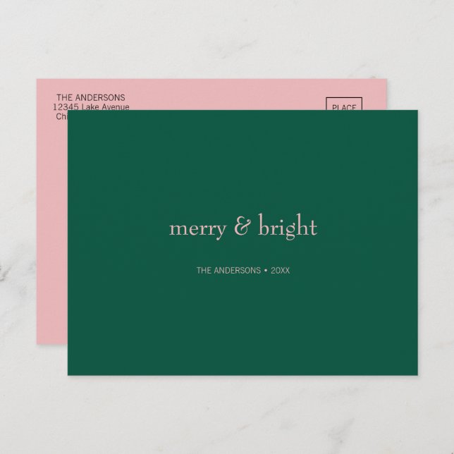 Modern Merry & Bright Christmas Green & Pink  Holiday Postcard (Front/Back)