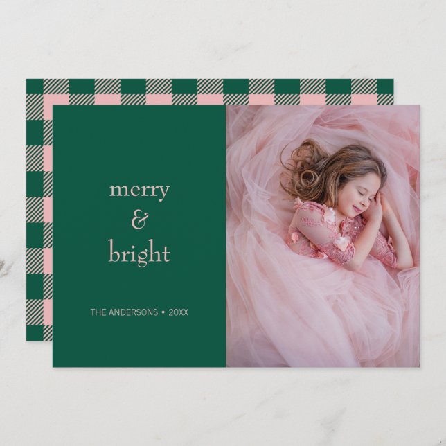 Modern Merry & Bright Christmas Green & Pink Photo Holiday Card (Front/Back)