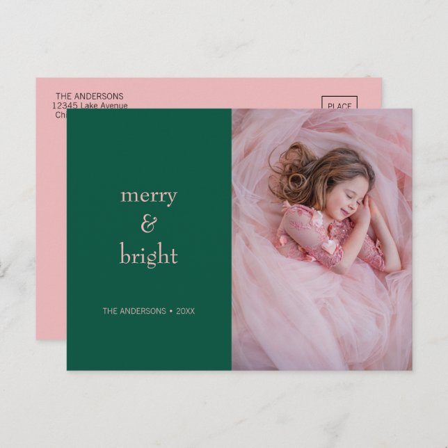 Modern Merry & Bright Christmas Green & Pink Photo Holiday Postcard (Front/Back)