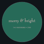 Modern Merry & Bright Christmas Holiday Green Pink Classic Round Sticker<br><div class="desc">These preppy pink & green holiday stickers featuring the words "Merry and Bright". .Ideal for the holiday season for Christmas or New Year's. Personalise the custom text above. You can also change the background colour. You can find additional coordinating items in our "Modern Pink & Green Holiday" collection.</div>