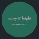 Modern Merry & Bright Christmas Holiday Green Pink Classic Round Sticker<br><div class="desc">These preppy pink & green holiday stickers featuring the words "Merry and Bright". .Ideal for the holiday season for Christmas or New Year's. Personalise the custom text above. You can also change the background colour. You can find additional coordinating items in our "Modern Pink & Green Holiday" collection.</div>