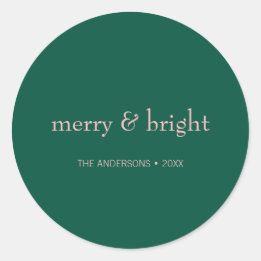 Modern Merry & Bright Christmas Holiday Green Pink Classic Round Sticker