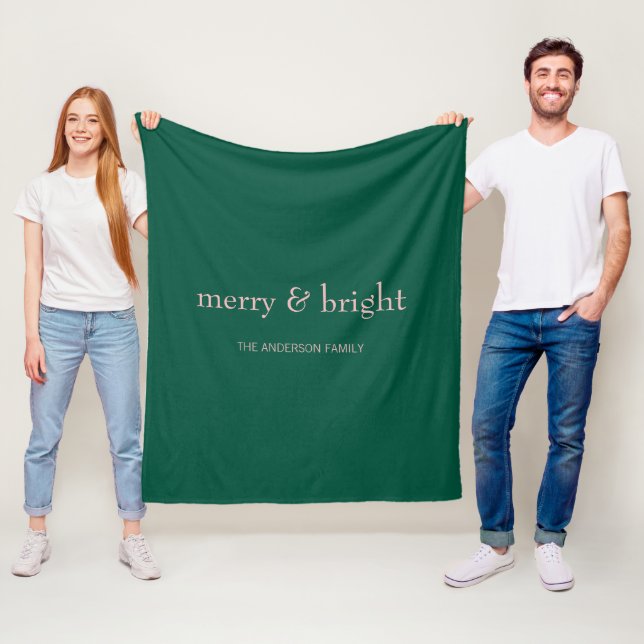 Modern Merry & Bright Christmas Holiday Green Pink Fleece Blanket (In Situ)