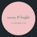Modern Merry & Bright Christmas Holiday Pink Green Classic Round Sticker<br><div class="desc">These preppy pink & green holiday stickers featuring the words "Merry and Bright".Ideal for the holiday season for Christmas or New Year's. Personalise the custom text above. You can also change the background colour. You can find additional coordinating items in our "Modern Pink & Green Holiday" collection.</div>