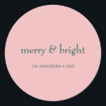 Modern Merry & Bright Christmas Holiday Pink Green Classic Round Sticker<br><div class="desc">These preppy pink & green holiday stickers featuring the words "Merry and Bright".Ideal for the holiday season for Christmas or New Year's. Personalise the custom text above. You can also change the background colour. You can find additional coordinating items in our "Modern Pink & Green Holiday" collection.</div>