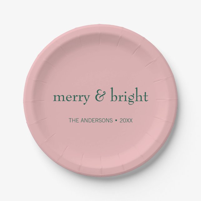 Modern Merry & Bright Christmas Holiday Pink Green Paper Plate (Front)