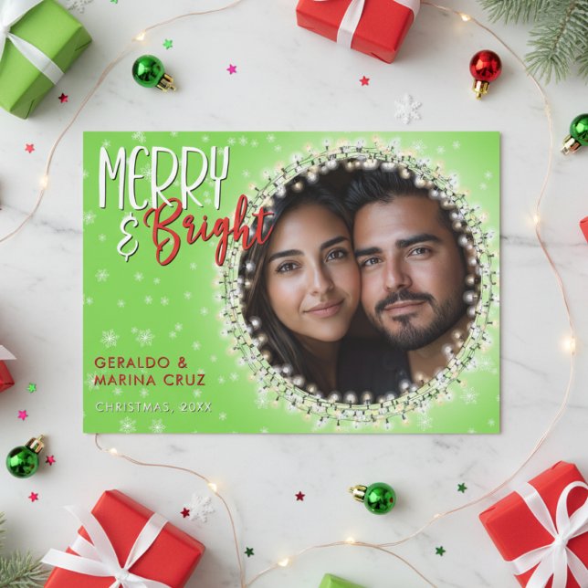 Modern Merry & Bright Christmas Lights Green Holiday Card (Creator Uploaded)