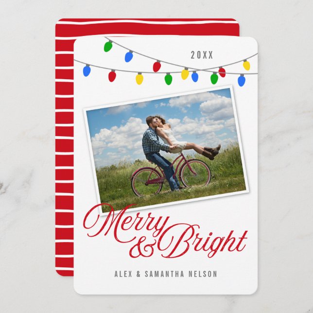 Modern Merry & Bright Christmas Lights Photo Holiday Card (Front/Back)
