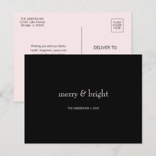 Modern Merry & Bright Christmas Pink and Black Holiday Postcard