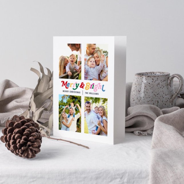 Modern Merry & Bright Colourful Bright 4 Photo Card (Get into the holiday spirit with a heartfelt folded christmas card! 🎅)