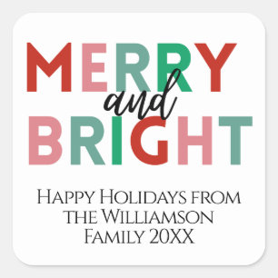 Modern Merry & Bright Colourful Letters Custom Tex Square Sticker