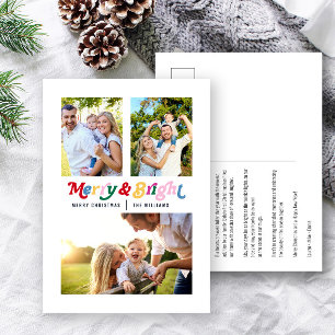 Modern Merry & Bright Colourful Retro 3 Photo Holiday Postcard