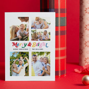 Modern Merry & Bright Colourful Retro 5 Photo Holiday Card