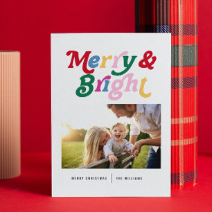 Modern Merry & Bright Colourful Retro Photo Holiday Card
