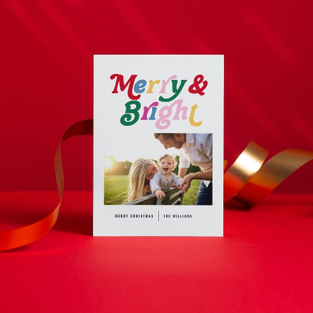 Modern Merry & Bright Colourful Retro Photo Holiday Postcard (Nothing says “Merry Christmas” like a heartfelt postcard to your loved ones.)