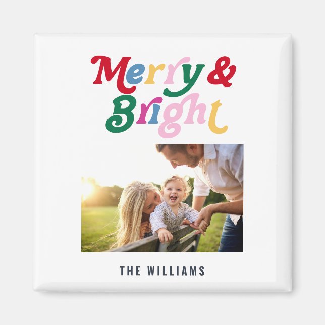Modern Merry & Bright Colourful Simple Family Phot Magnet (Front)