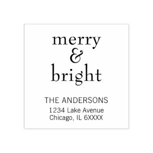 Modern Merry & Bright Family Name Holiday Rubber Stamp