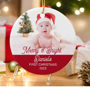 Modern Merry & Bright First Christmas Baby Photo Ceramic Ornament
