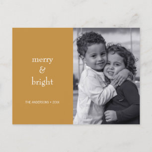 Modern Merry & Bright Gold Christmas Photo Holiday Postcard