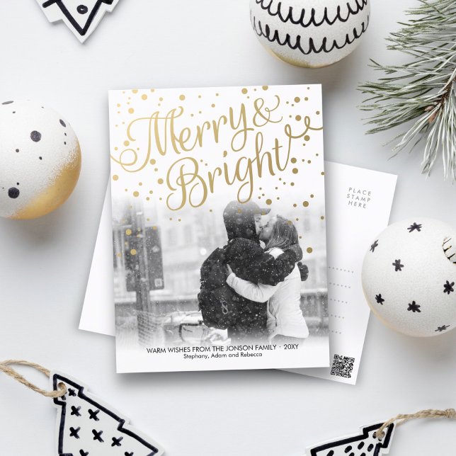 Modern Merry Bright Gold Confetti Photo Postcard (Creator Uploaded)