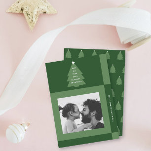 Modern Merry & Bright Green Checkered One Photo Holiday Card