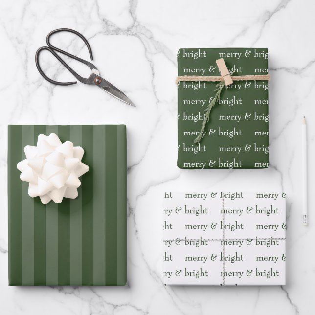 Modern Merry & Bright Green Christmas Holiday Wrapping Paper Sheet (Front)