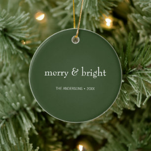 Modern Merry & Bright Green Christmas Photo Ceramic Ornament