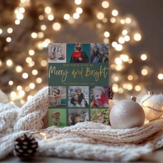 Modern Merry & Bright Green & Faux Gold Christmas Holiday Card (Creator Uploaded)