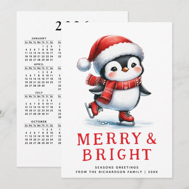 Modern Merry Bright Ice Skating Penguin Christmas Holiday Card (Front/Back)