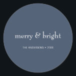 Modern Merry & Bright Navy Christmas Holiday Classic Round Sticker<br><div class="desc">Modern Holiday stickers featuring the words "Merry and Bright". Ideal for the holiday season for Christmas or New Year's. Personalise the custom text above. You can also change the background colour. You can find additional coordinating items in our "Modern Colourful Merry & Bright Holiday" collection.</div>
