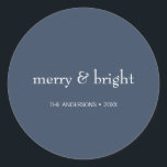 Modern Merry & Bright Navy Christmas Holiday Classic Round Sticker<br><div class="desc">Modern Holiday stickers featuring the words "Merry and Bright". Ideal for the holiday season for Christmas or New Year's. Personalise the custom text above. You can also change the background colour. You can find additional coordinating items in our "Modern Colourful Merry & Bright Holiday" collection.</div>