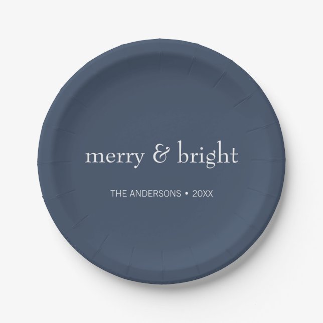 Modern Merry & Bright Navy Christmas Holiday Paper Plate (Front)