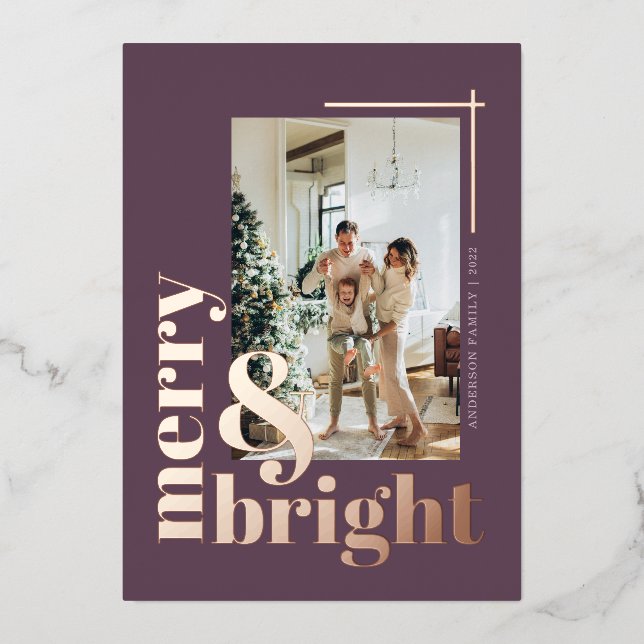 Modern Merry & Bright Photo Lavender Christmas Foil Holiday Card (Front)
