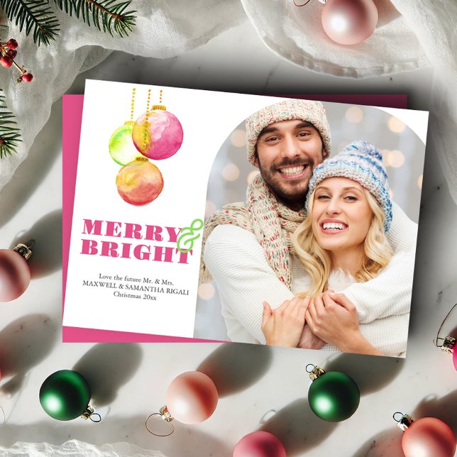 Modern Merry & Bright Photo Pink Christmas Cards (Pink Christmas cards with photo Watercolor bauble art by Victoria Grigaliunas Do Tell A Belle)