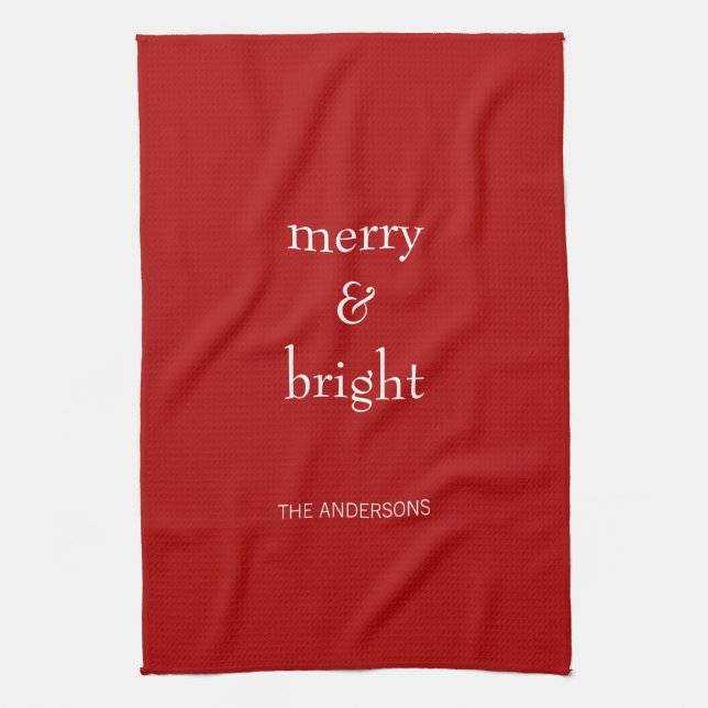 Modern Merry & Bright Red Christmas Holiday Tea Towel (Vertical)