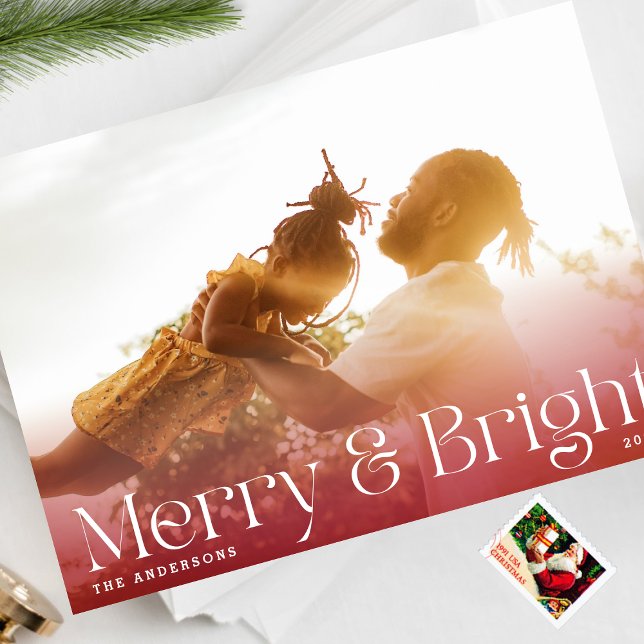 MODERN Merry & Bright Red Gradient Photo Holiday Card (Creator Uploaded)