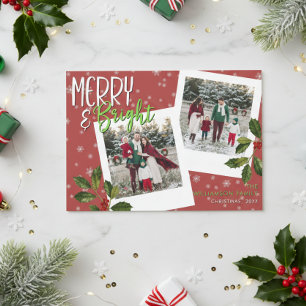 Modern Merry & Bright Red Snowflake Holly Photo Holiday Card
