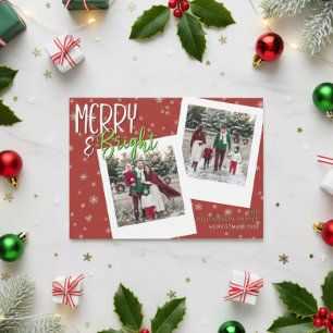Modern Merry & Bright Red Snowflake Photo Holiday Card