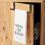 Modern Merry & Bright Retro Colourful Christmas  K Tea Towel<br><div class="desc">Modern Minimalist Merry & Bright Retro Colourful Christmas Family  PhotoScript  Boho Christmas cards Stripes
message for any customs or enquiries.</div>