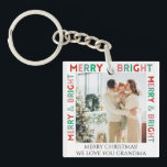 Modern Merry & Bright Simple Colourful One Photo Key Ring<br><div class="desc">Customisable text and photo,  Modern simple one-photo design with colourful "Merry and bright" typography in pink,  green,  and red colours.</div>