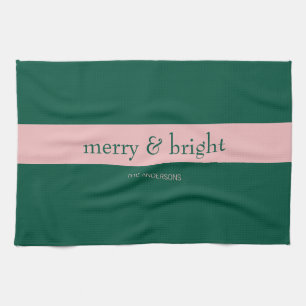 Modern Merry & Bright Stripe Holiday Green & Pink Tea Towel