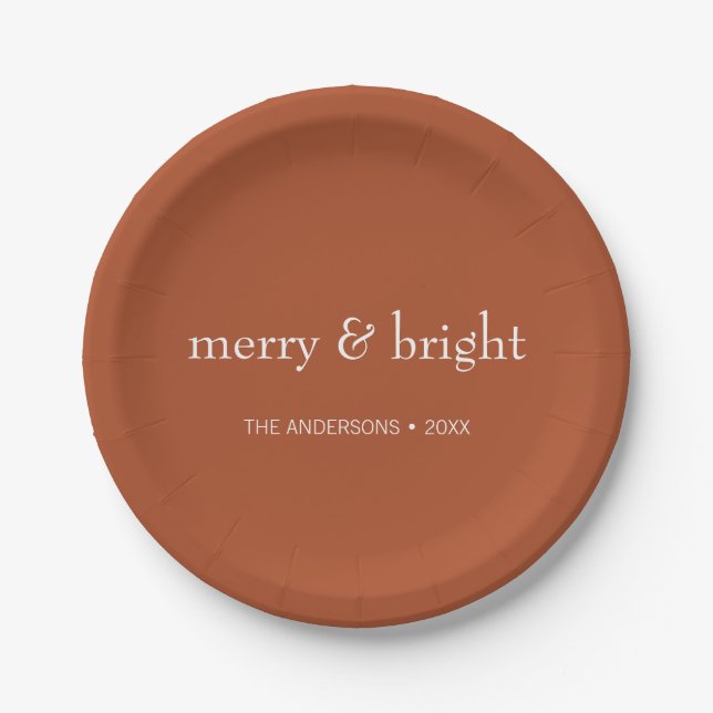 Modern Merry & Bright Terracotta Christmas Holiday Paper Plate (Front)