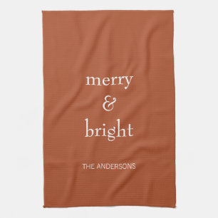 Modern Merry & Bright Terracotta Christmas Holiday Tea Towel