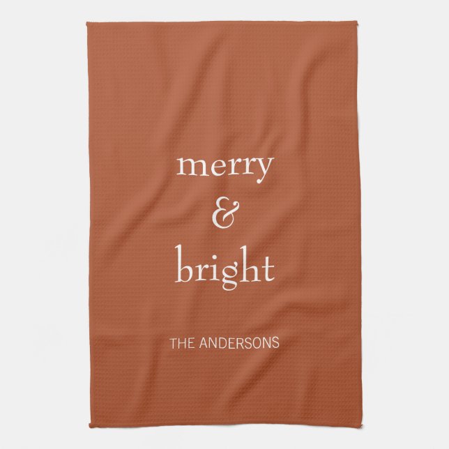 Modern Merry & Bright Terracotta Christmas Holiday Tea Towel (Vertical)