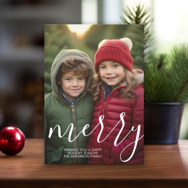 Modern Merry Calligraphy 4 Photo Instant Holiday Card (Online Christmas Card - Print and Download Options)