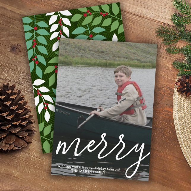 Modern Merry Calligraphy Vertical Photo botanical Holiday Card (Creator Uploaded)